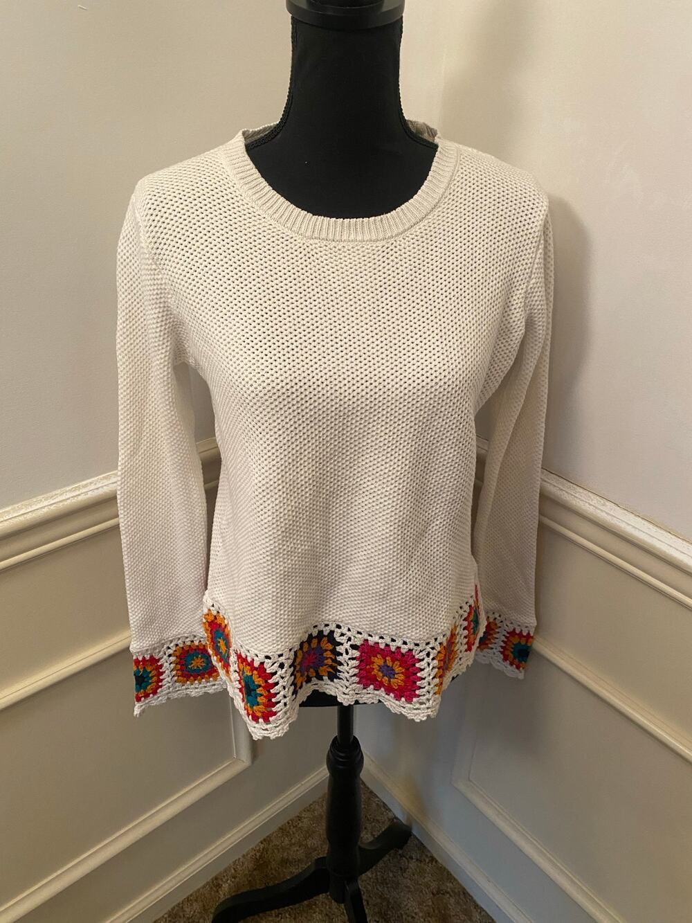 Joseph A Granny Square Crochet Knit Boarder Pullover Sweater Boho Cottagecore